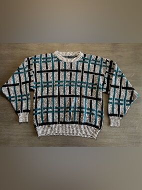 Vintage Made In USA Sweater Black Grey Teal Blue Green M L
